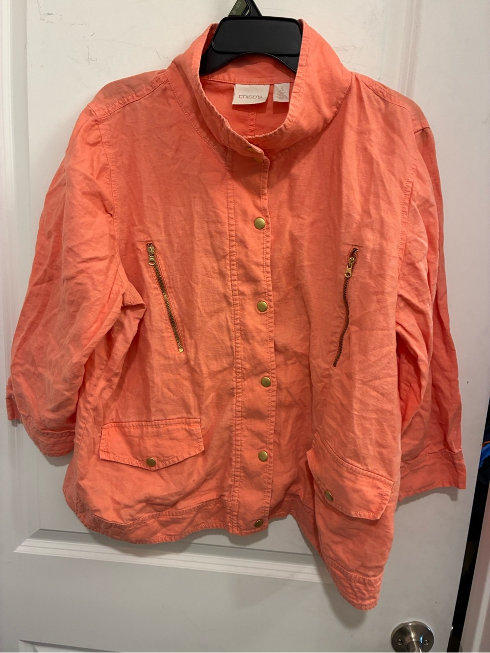 Chico's Coral Utility Jacket with Gold-Tone Accents
